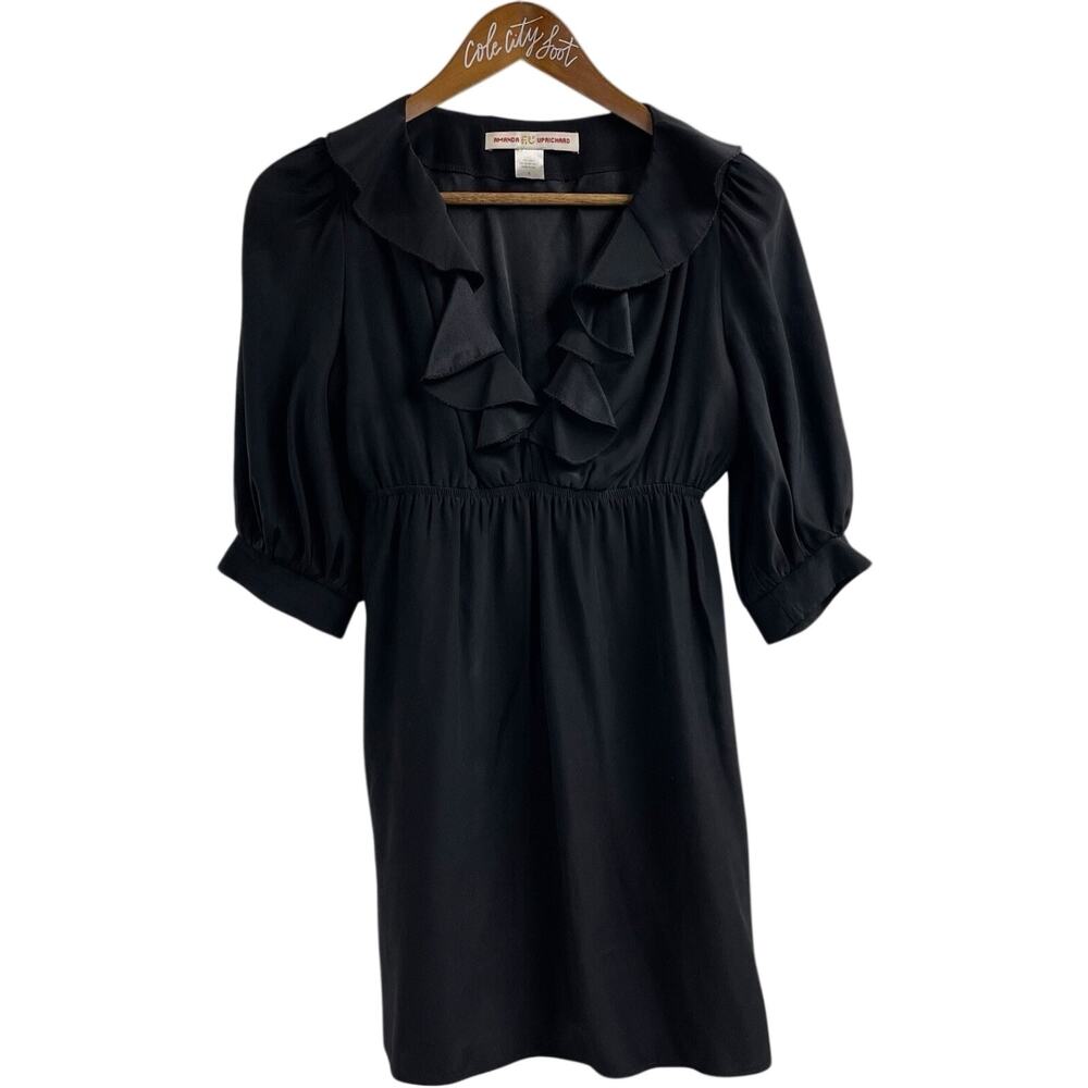 Amanda Uprichard 100% Silk Dress Black Ruffle Short Puff Sleeve S Indie Sleaze